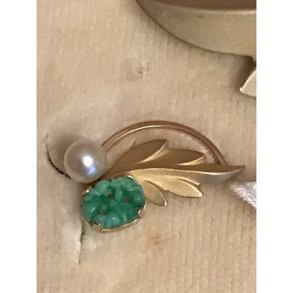 Vintage DeCurtis 14k Gold Overlay Cultured Pearl leaf Brooch and earring set in - Picture 9 of 10